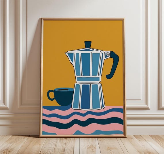 Modern Coffee Pot Pop Art Poster Colorful Moka And Cup Print Bold Mid Century Kitchen Wall Retro Abstract Home Decor Design