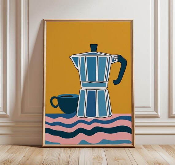 Navy Moka Pot Espresso Cup Mustard Bold Kitchen Wall Poster Art
