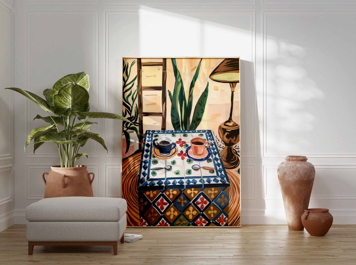 Cozy Coffee Cups on Colorful Mosaic Tile Table Lamp Art Poster - Image 3