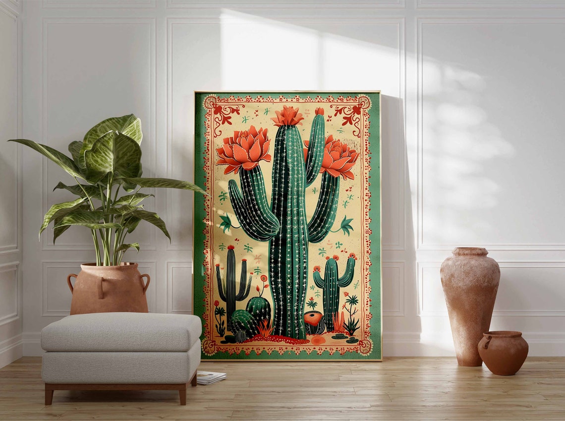 Mexican Saguaro Cactus Wall Art Vintage Folk Art Desert Blooms - Image 3