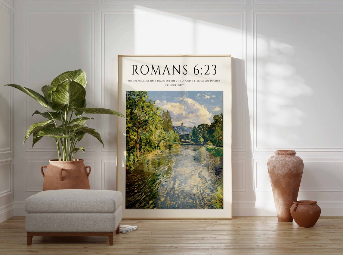Romans 6:23 Bible Verse Peaceful River Trees Eternal Life Print - Image 2