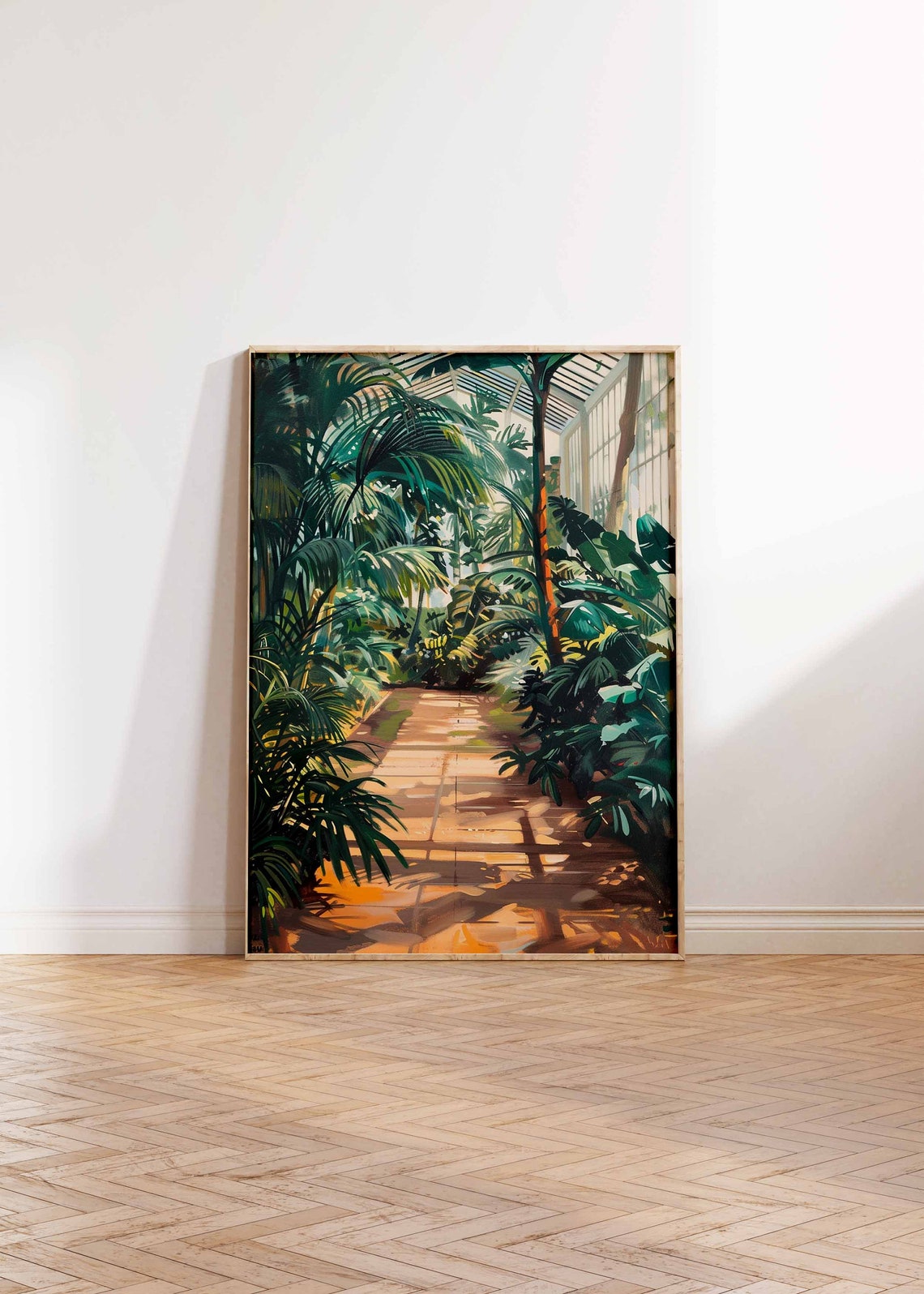 Palm Lined Greenhouse Path Sunlit Conservatory Botanical Art Poster - Image 3
