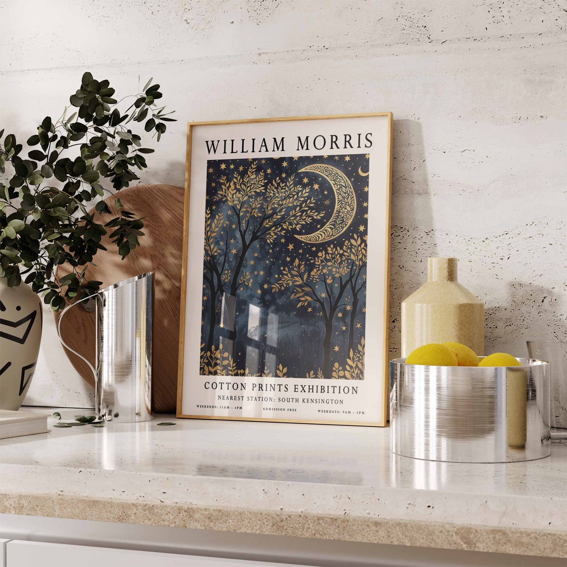 William Morris Patterned Crescent Moon Night Sky Exhibition Poster - Image 2