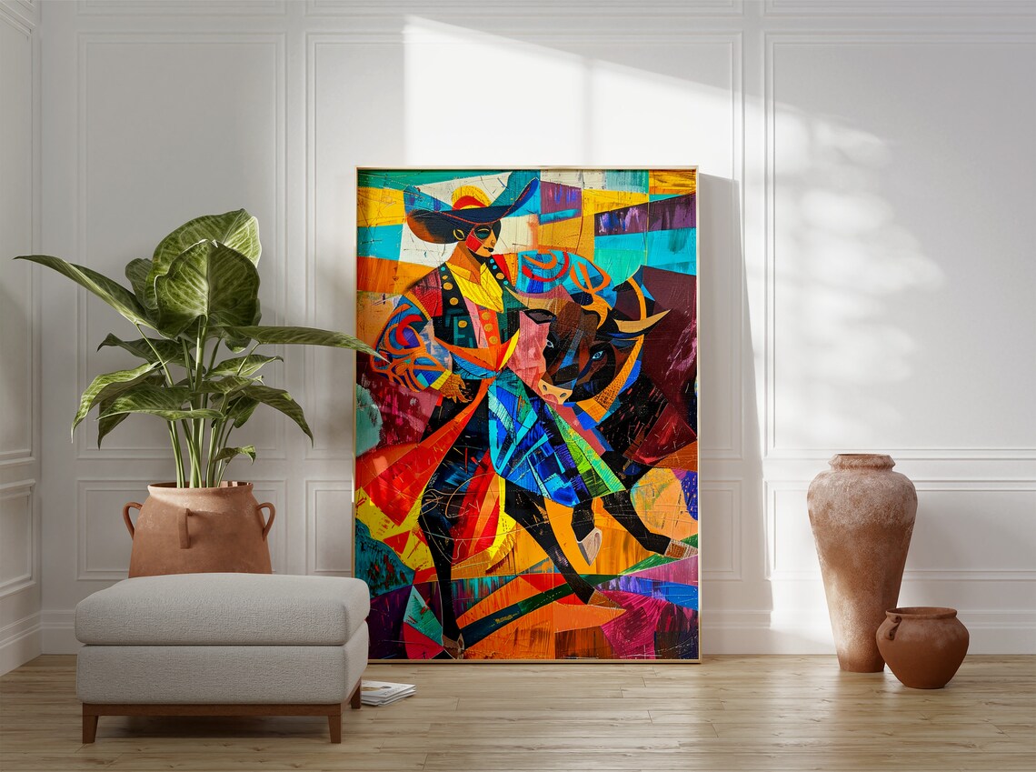 Spanish Bullfighter Cubist Colorful Mosaic Bullfight Art Poster - Image 3