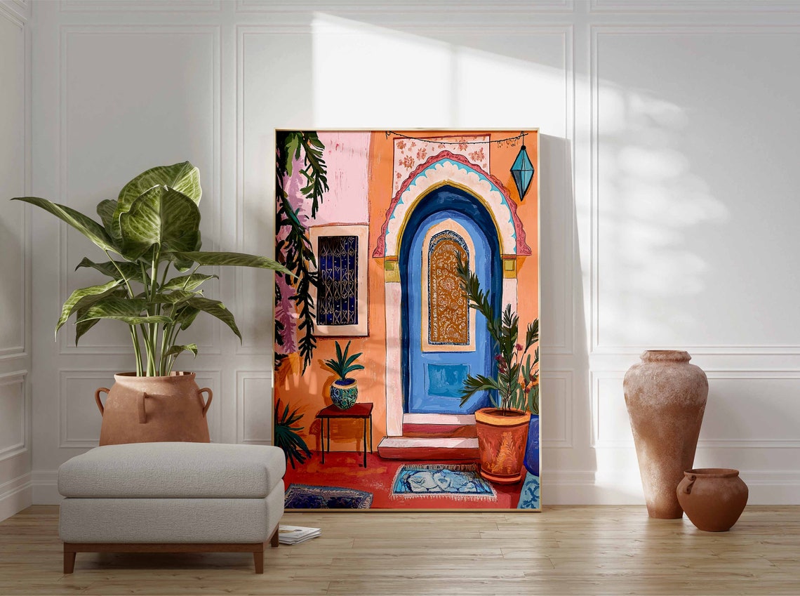 Moroccan Blue Door Coral Wall Lantern Potted Plants Art Poster - Image 2