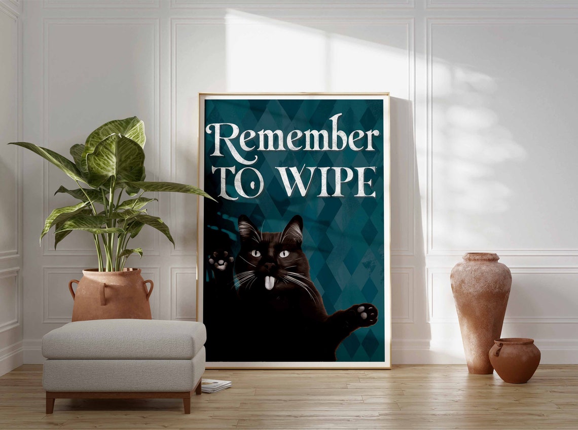 Cheeky Remember To Wipe Funny Black Cat Bathroom Humor Wall Art - Image 4