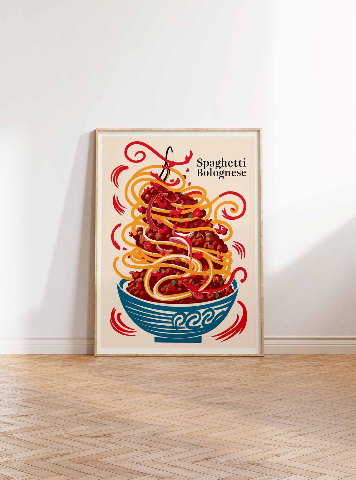 Spaghetti Bolognese Tower Teal Bowl Playful Kitchen Art Poster - Image 2