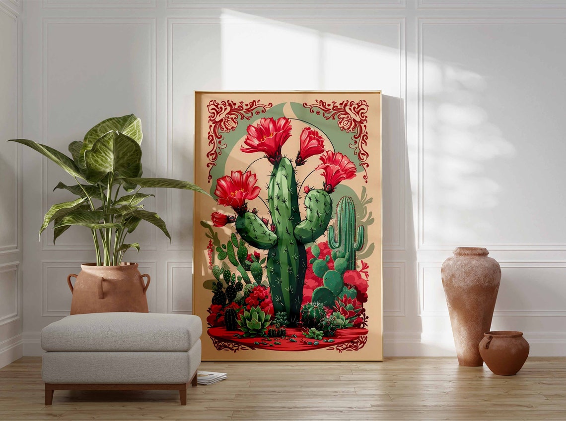 Flowering Cactus Green Arch Red Blooms Vintage Mexican Art Poster - Image 2