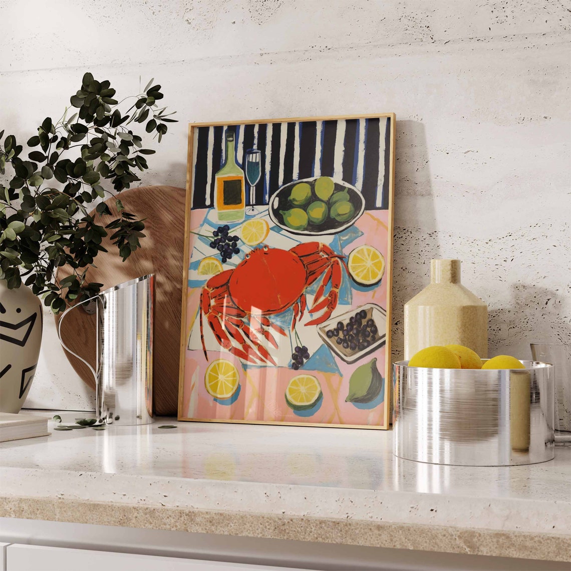 Bold Vibrant Crab Seafood Still Life with Wine and Citrus Poster - Image 2