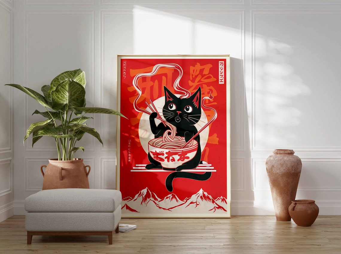 Black Cat Slurping Ramen Noodles Retro Japanese Mountains Poster - Image 3