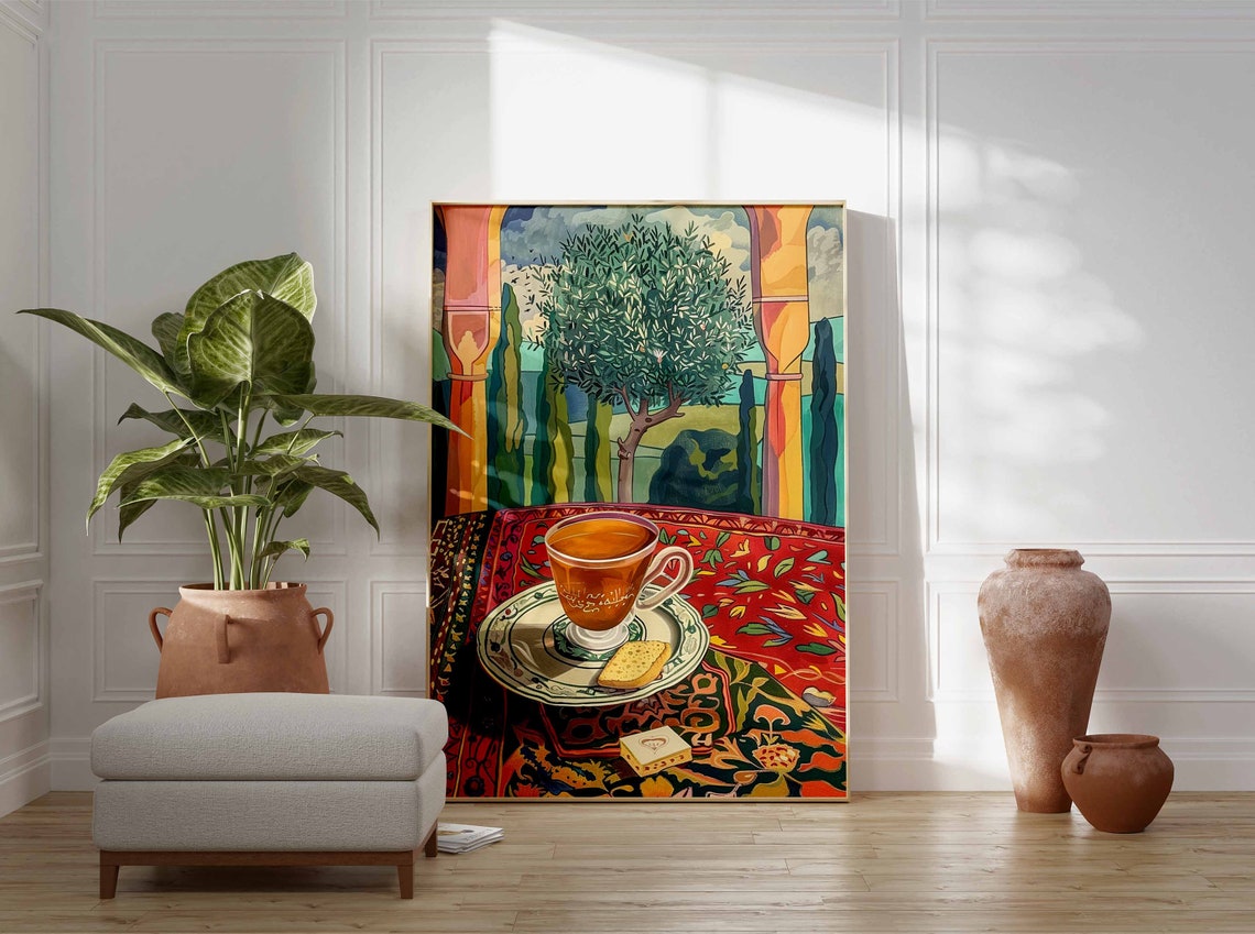Arabic Coffee Cup Still Life Courtyard Cypress Trees Art Poster - Image 3