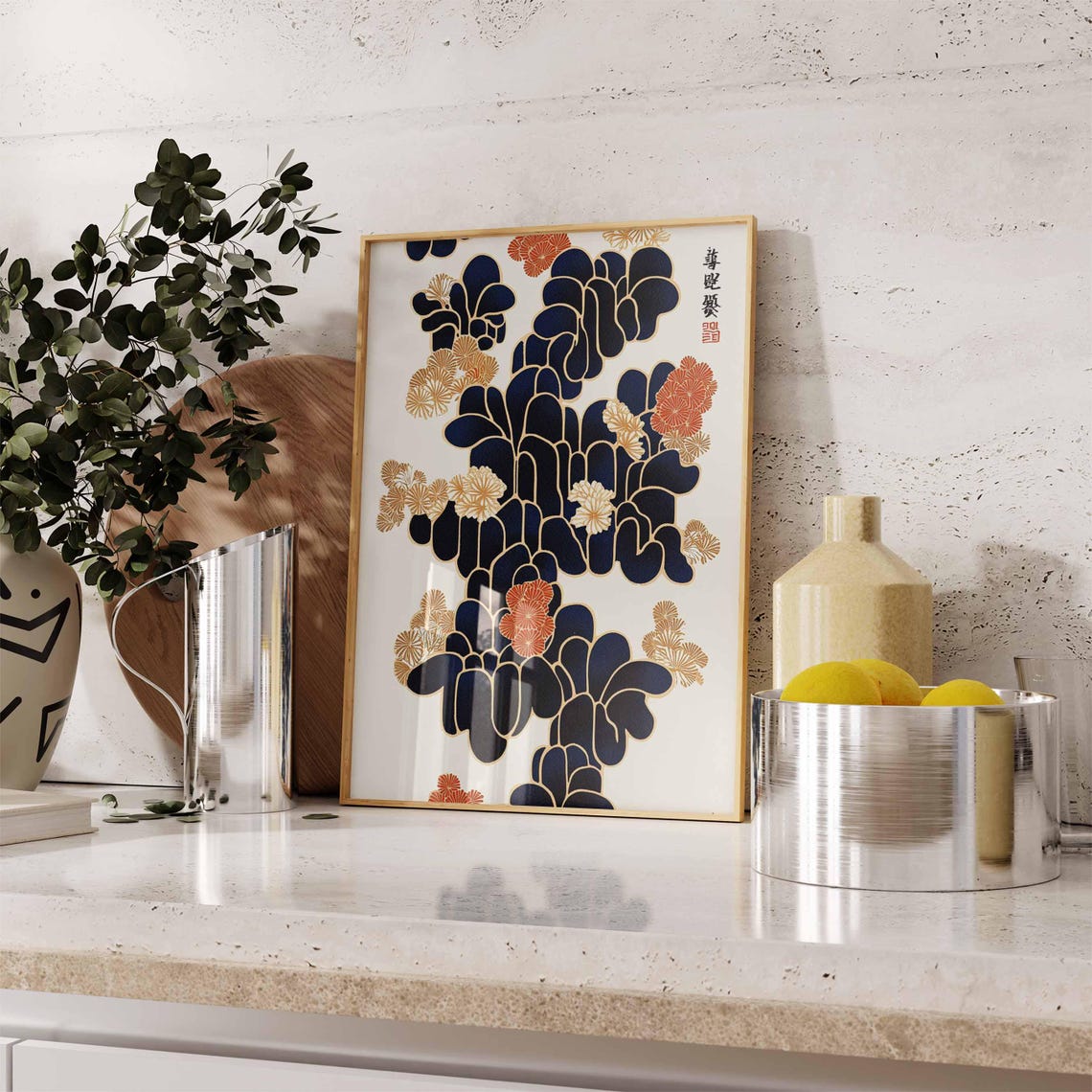 Japanese Navy Blossom Vine with Gold Floral Vintage Art Poster - Image 3