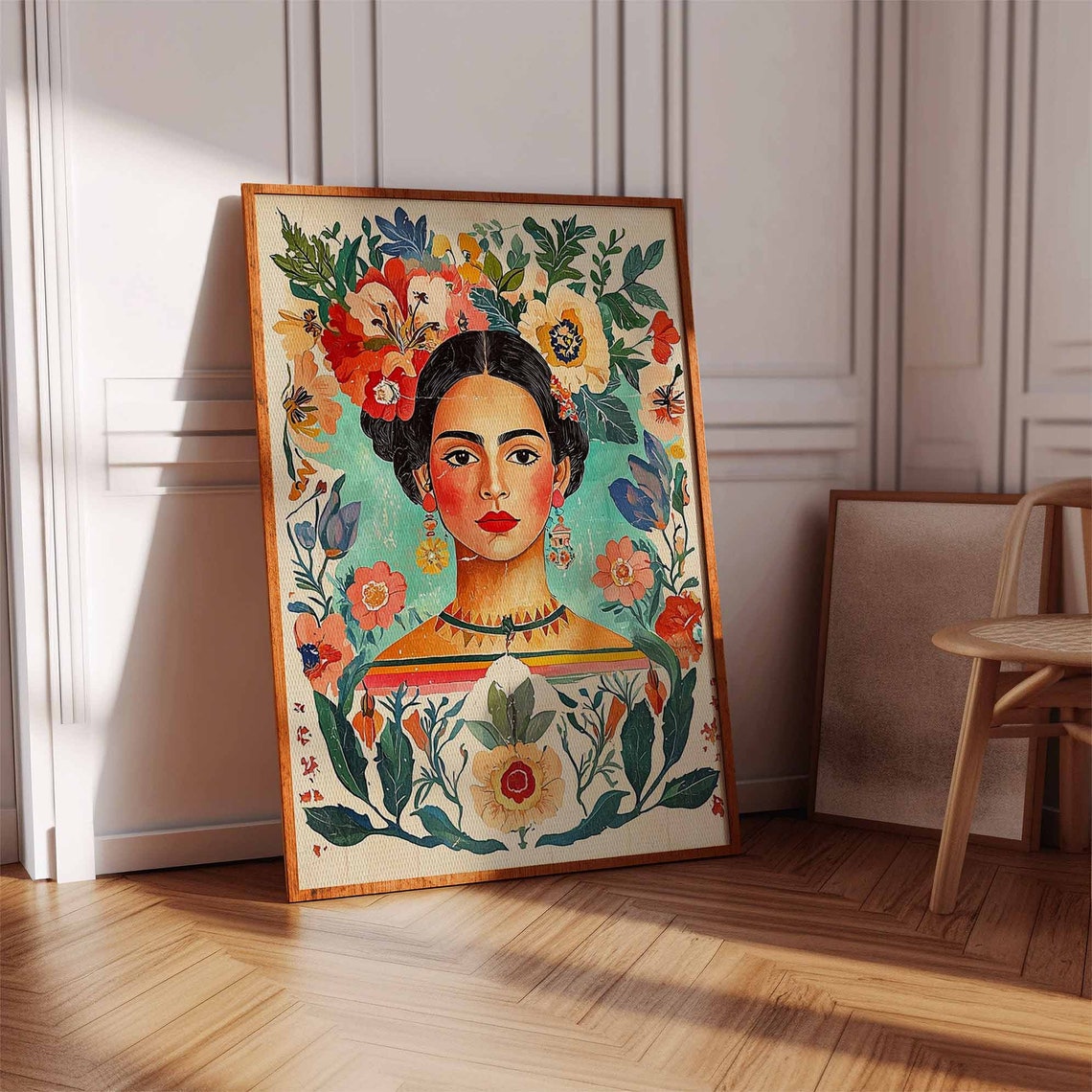 Charming Latina Woman Flower Crown Turquoise Folk Art Poster - Image 3