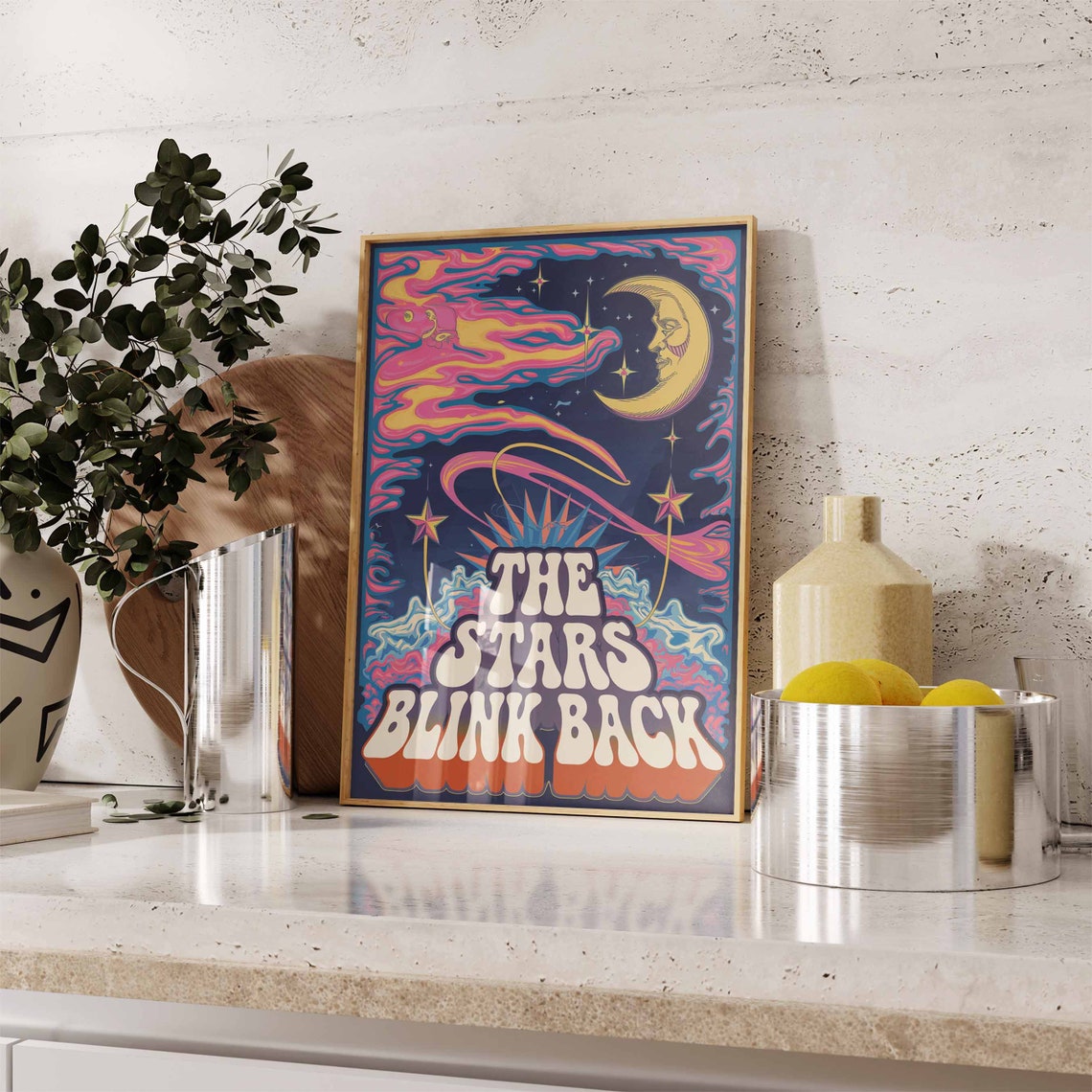 The Stars Blink Back Celestial Moon Retro 70s Quote Art Poster - Image 3