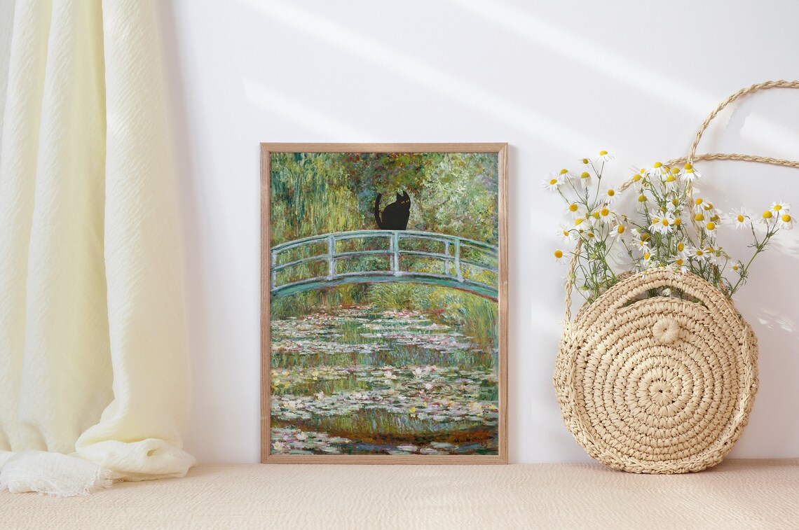 Monet-Inspired Waterlily Cat Art Print, Floral Decor - Image 2