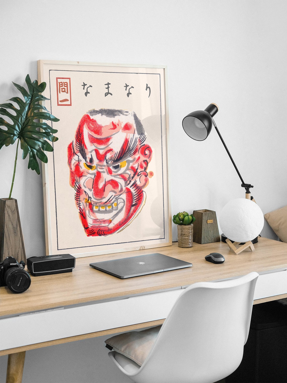 Japanese Namanari Mask Red Vintage Woodblock Illustration Poster - Image 3