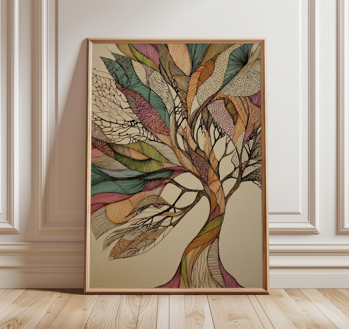 Abstract Feather Tree Of Life Print With Sage Plum And Mustard Leaf Pattern