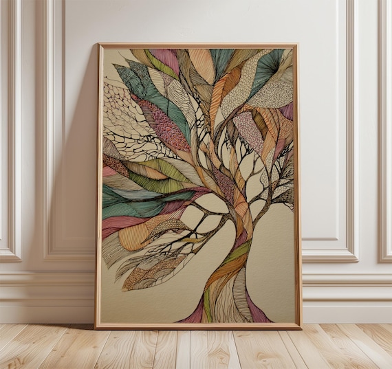 Abstract Feather Tree Of Life Print With Sage Plum And Mustard Leaf Pattern