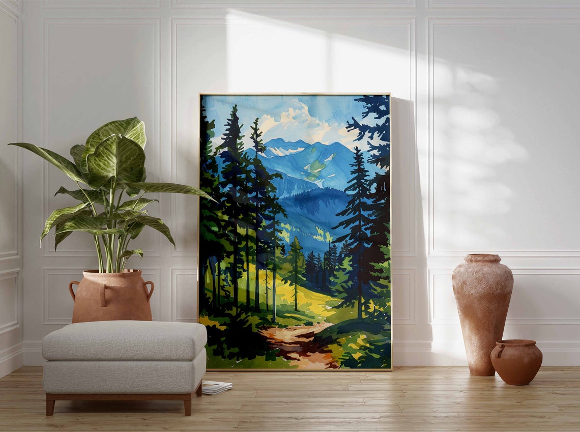 Pine Forest Path Leading To Blue Mountain Bright Hiking Poster - Image 3