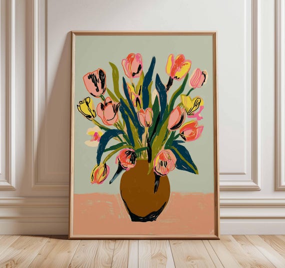 Tulip Bouquet Poster, Modern Botanical Art Print