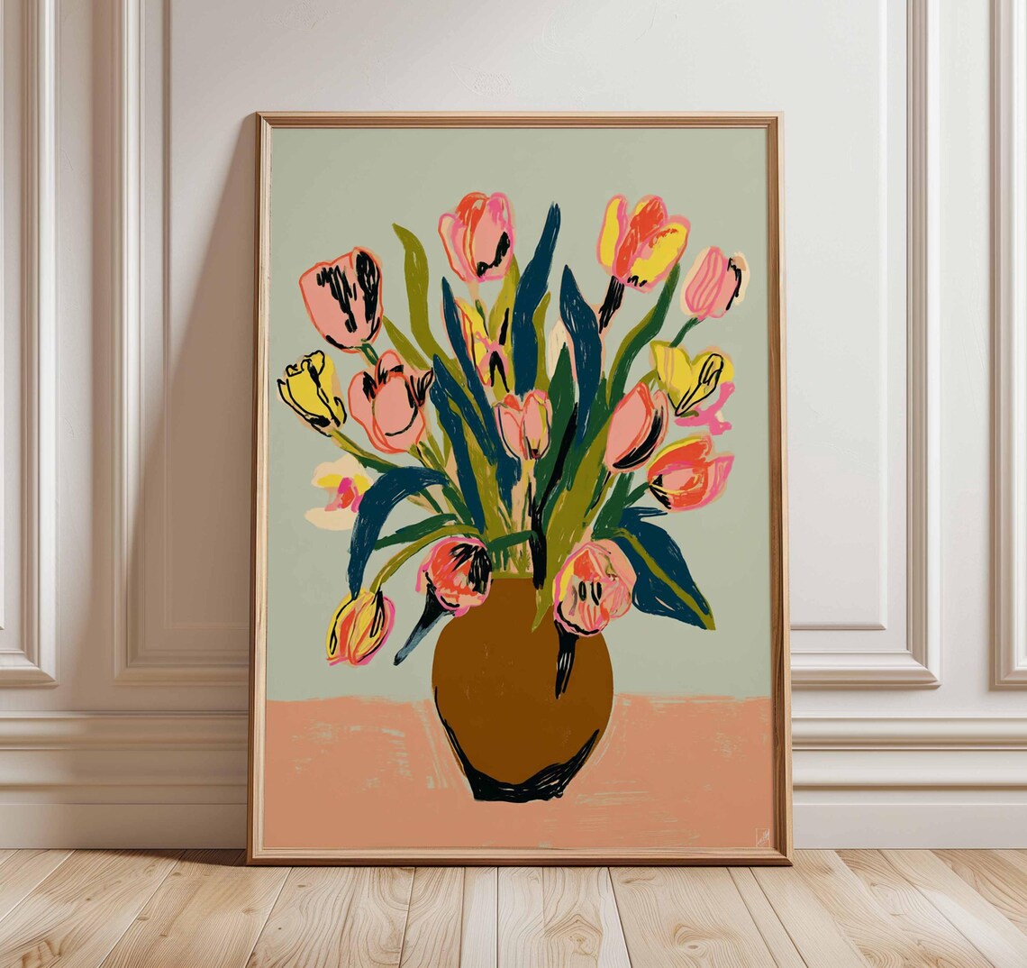 Tulip Bouquet Poster, Modern Botanical Art Print