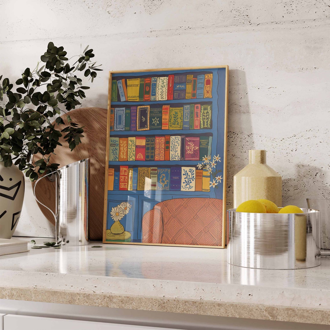Blue Bookshelf With Orange Armchair Cozy Library Wall Poster - Image 2
