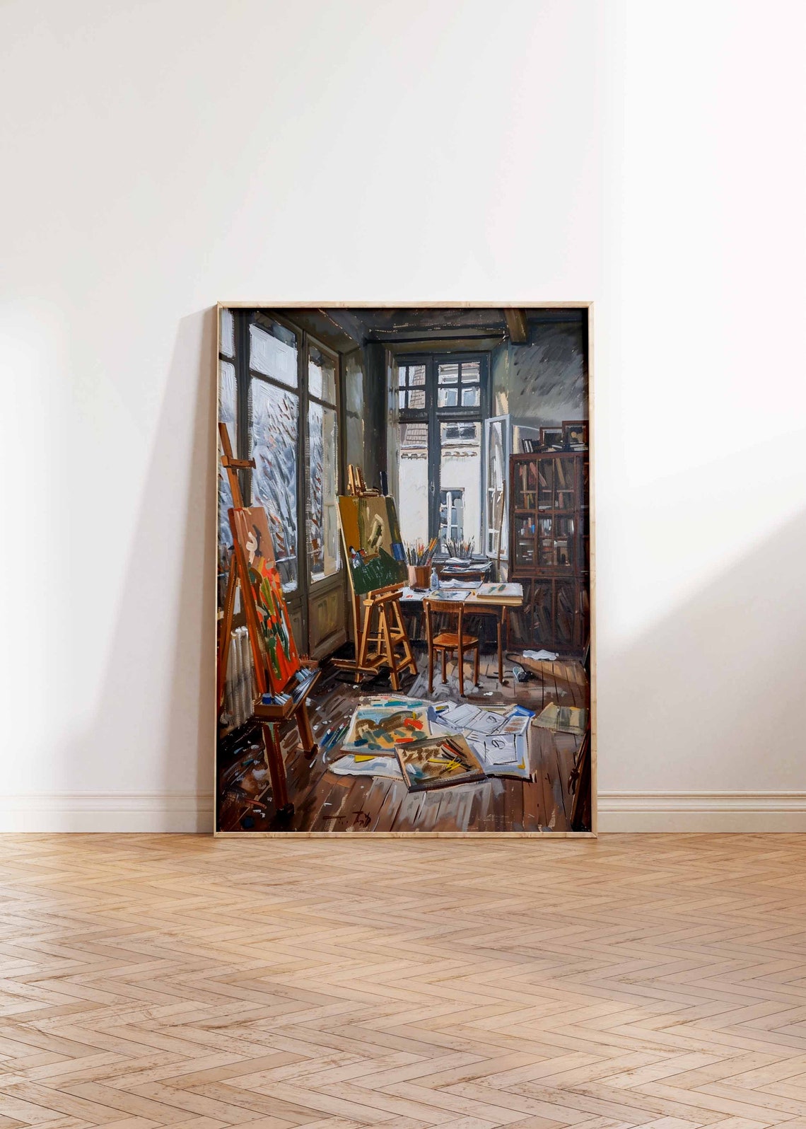 Artist Loft Studio with Easels by Tall Windows Sunlit Poster - Image 2