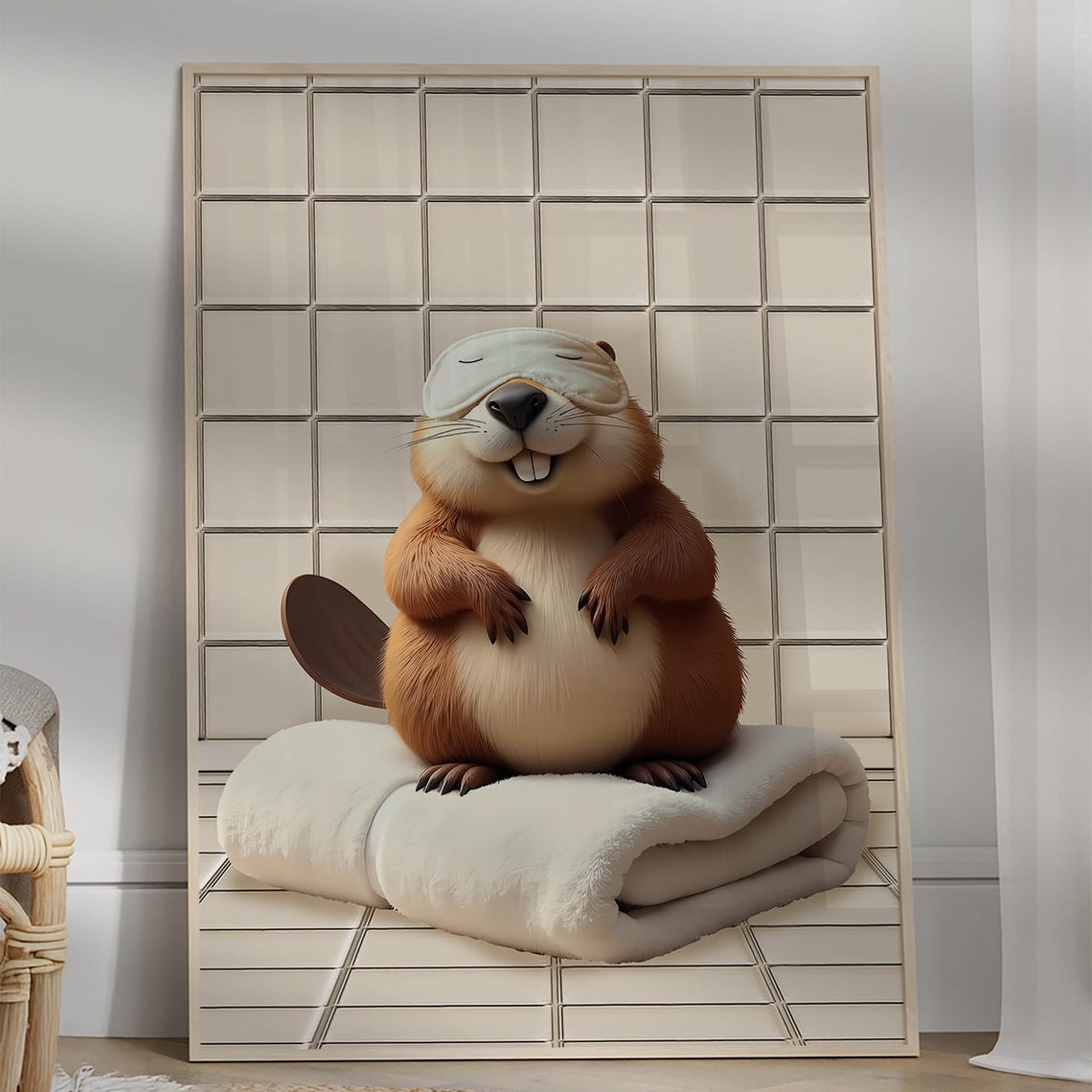 Sleepy Beaver Wearing a Sleep Mask Funny Bathroom Animal Poster