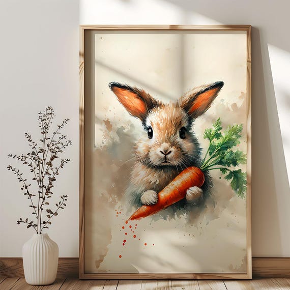 Vintage Easter Bunny Poster Flower Style Oil Paint Effect Modern Retro Print Wall Art For Home Decor