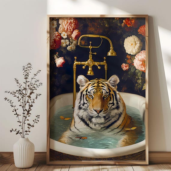 Vintage Tiger Shower Poster Floral Bathroom Wall Art Retro Maximalist Decor Bold Jungle Print For Eclectic Spaces