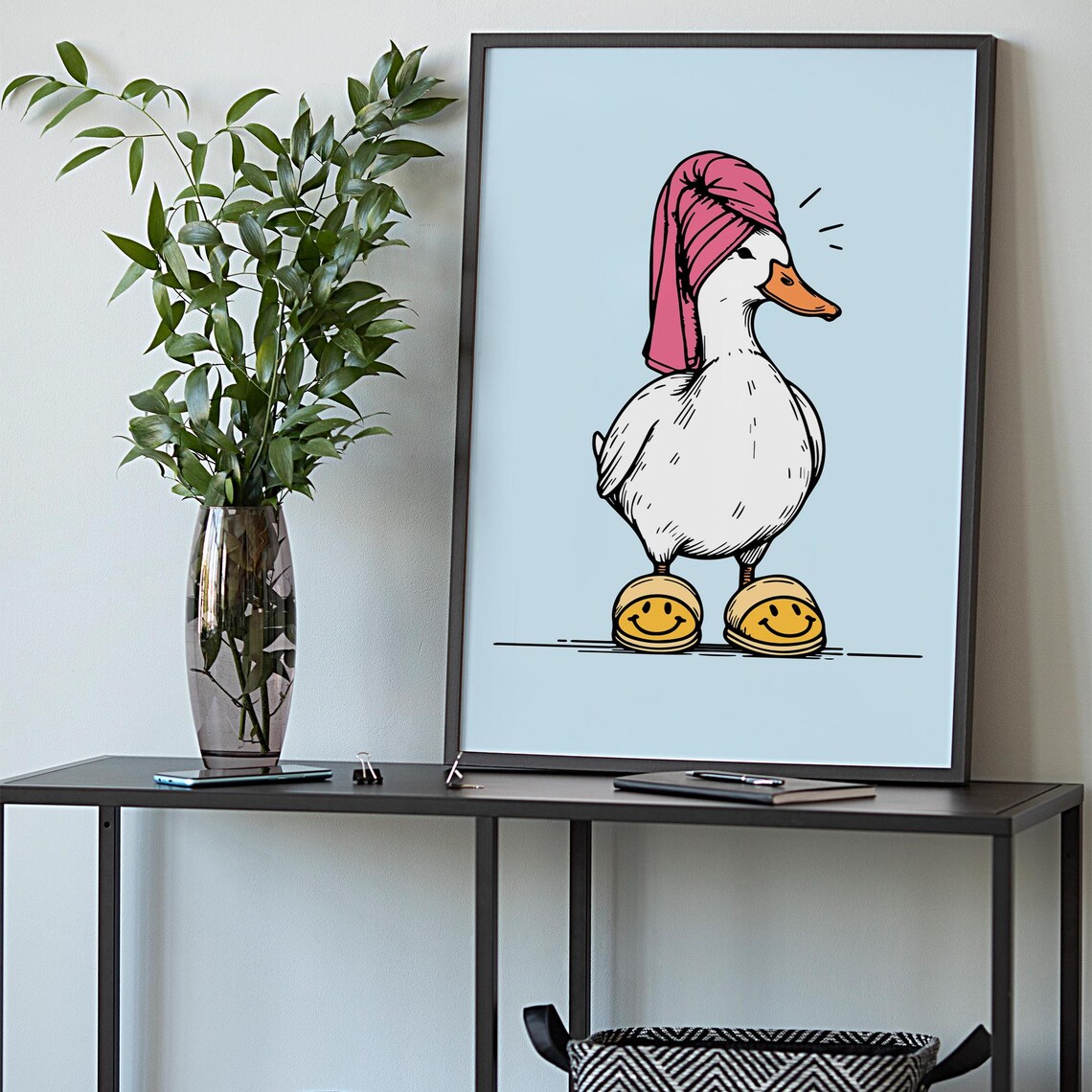 Funny Duck Bathroom Poster Pink Towel Smiley Face Slippers Art