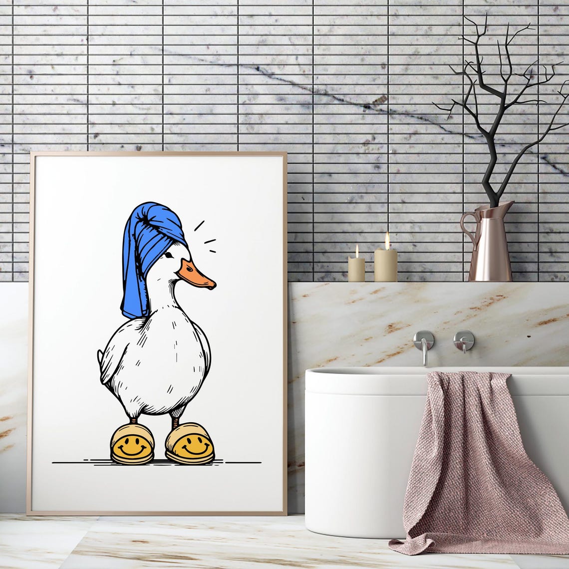 Cute Duck With Blue Towel And Happy Slippers Funny Bathroom Art Poster