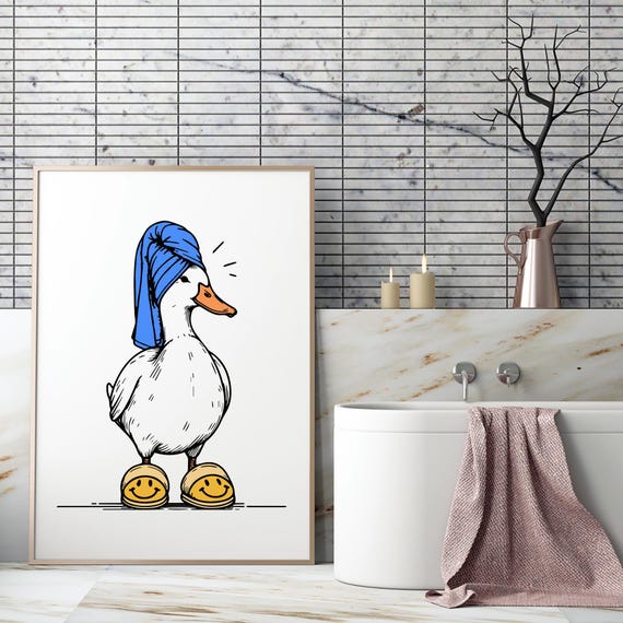 Cute Bathroom Duck Print Blue Yellow Retro Wall Art In Towel Preppy Dorm Decor Funny It Girl Poster