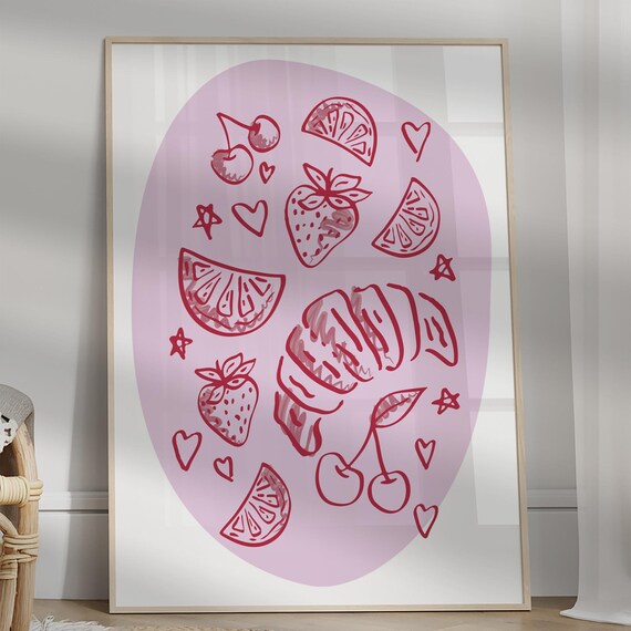 Trendy Pink Fruit Croissant Wall Art Preppy Poster College Apartment Decor Coquette Room Girly