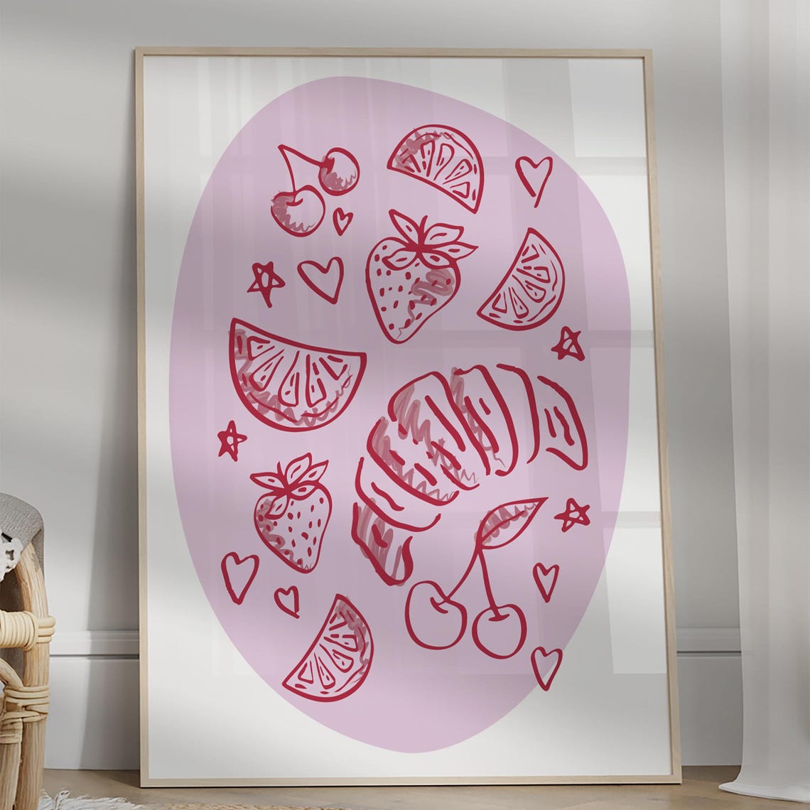 Pink Preppy Fruit Doodle Strawberry Cherry Croissant Girly Room Poster