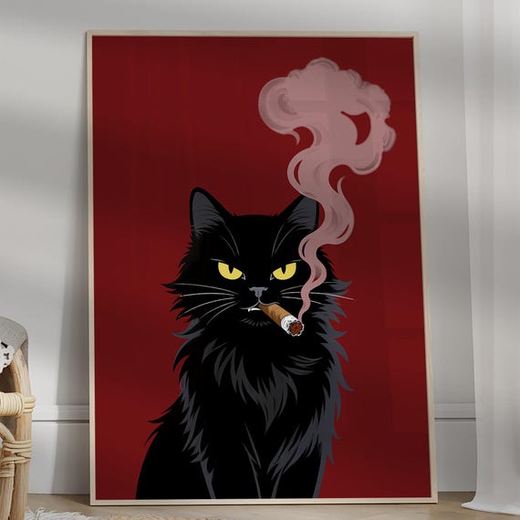 Japanese Black Cat Smoking Poster Red Wall Art Bar Cart Decor Funny A Cigarette