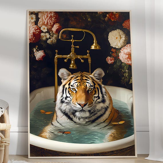 Vintage Tiger Shower Poster Floral Bathroom Wall Art Retro Maximalist Decor Bold Jungle For Eclectic Spaces