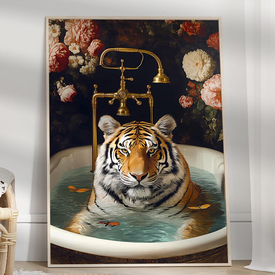 Tiger Soaking in Clawfoot Tub Moody Floral Bathroom Wall Art