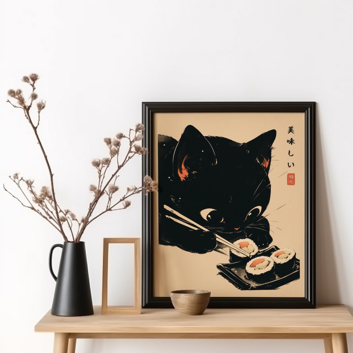 Sushi Black Cat Poster, Tokyo Japanese Food Print