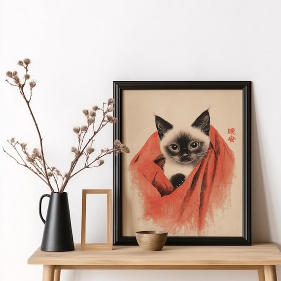 Siamese Kitten Wrapped In Red Blanket Sweet Goodnight Art Poster