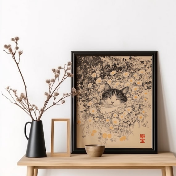 Sleeping Tabby Cat Among Daisies Japanese Vintage Floral Poster
