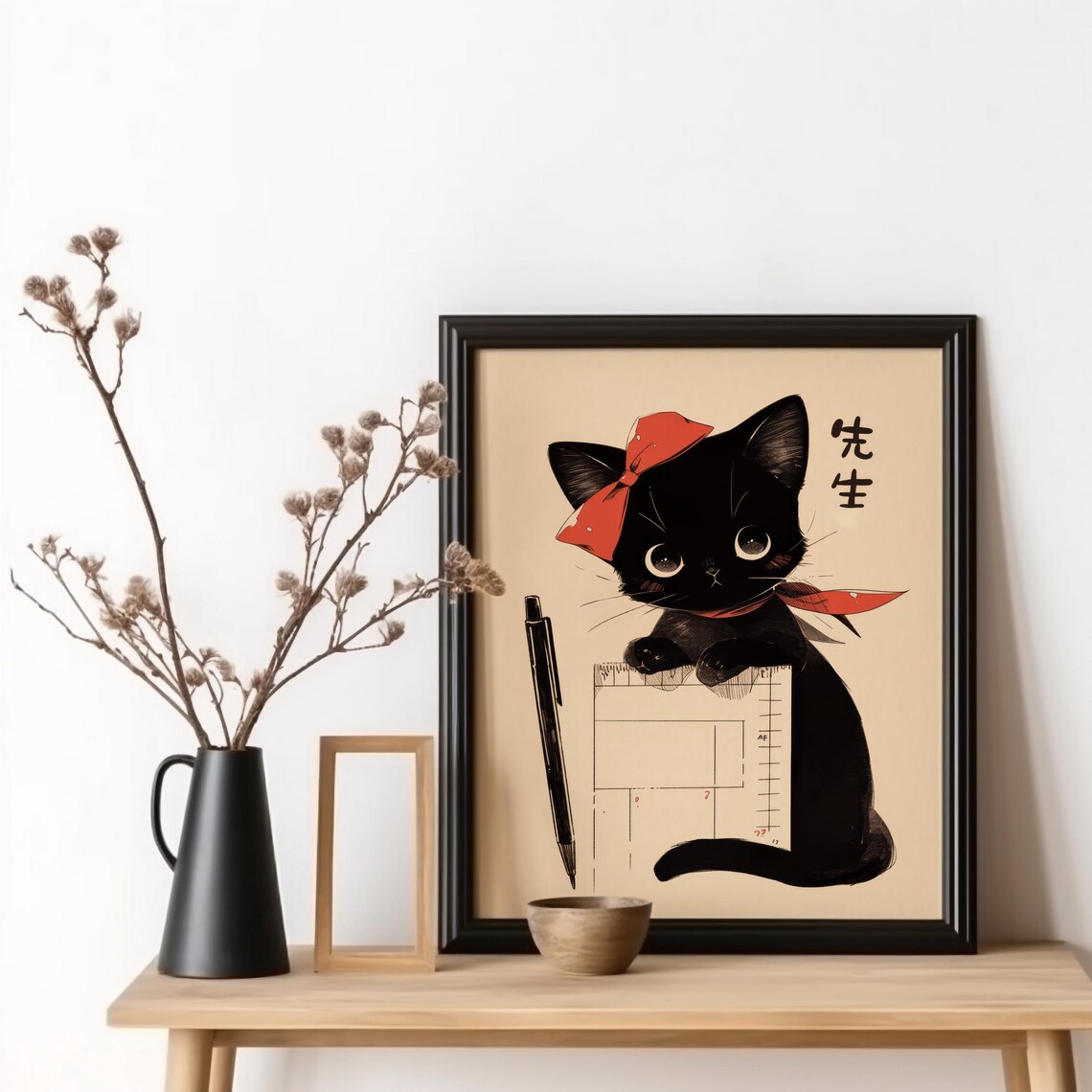 Cute Sensei Black Cat Art Print, Japanese Teacher Gift
