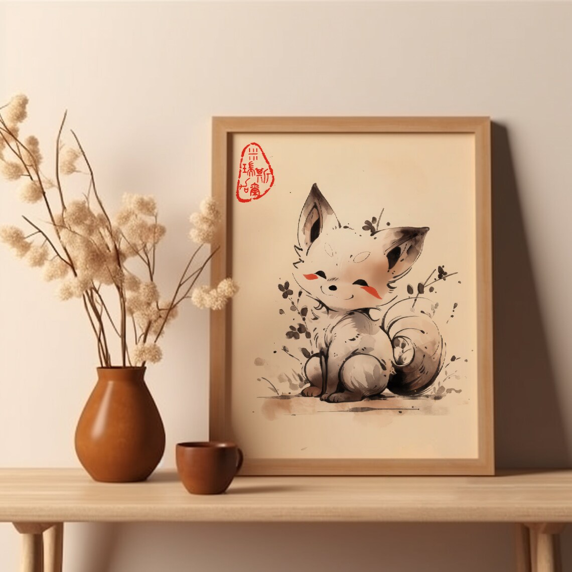 Cute Fox Japanese Minimalist Woodblock Art Print