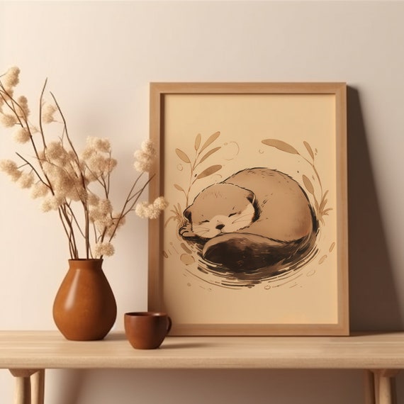 Sleep Otter Asia Art Cute Print Block Edo Period For Nursery Room Sleeping Chibi Wall Minimalist Woodblock