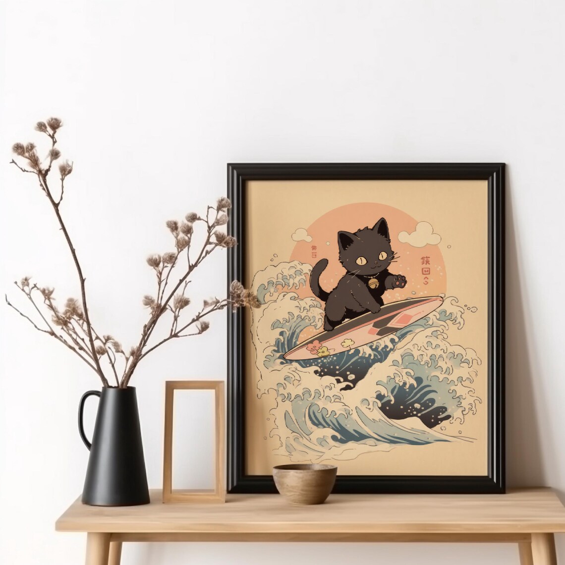 Surfing Cat Japanese Beach Surf Vintage Art Print