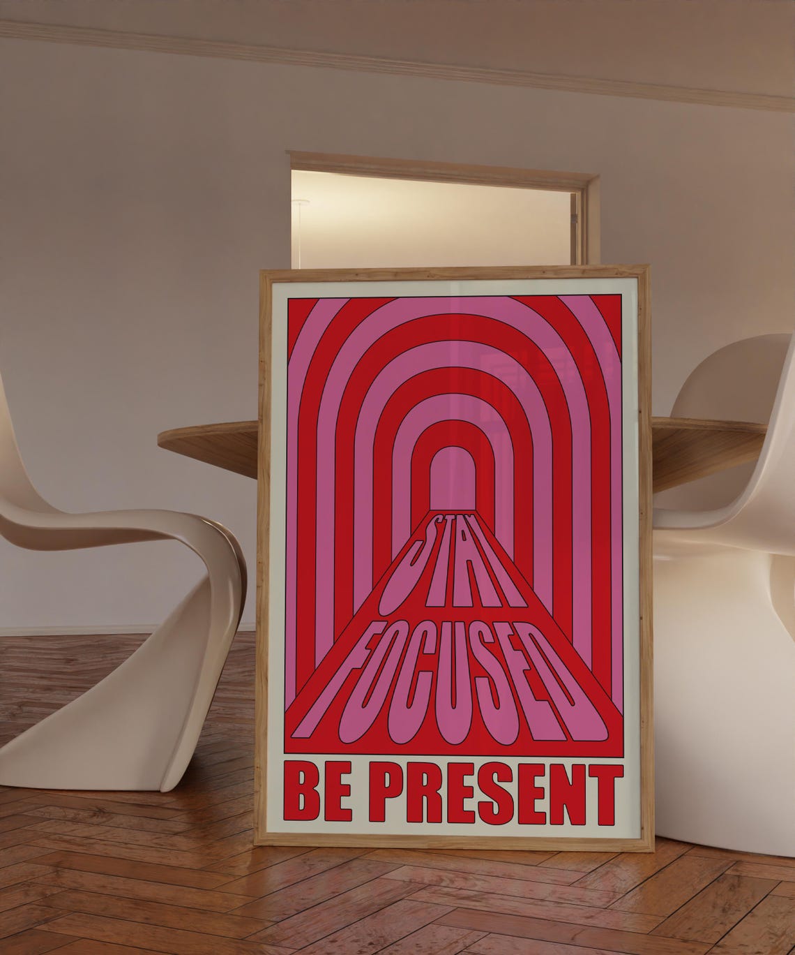 Stay Focused Be Present Red Pink Retro Tunnel Typography Art Poster - Image 4