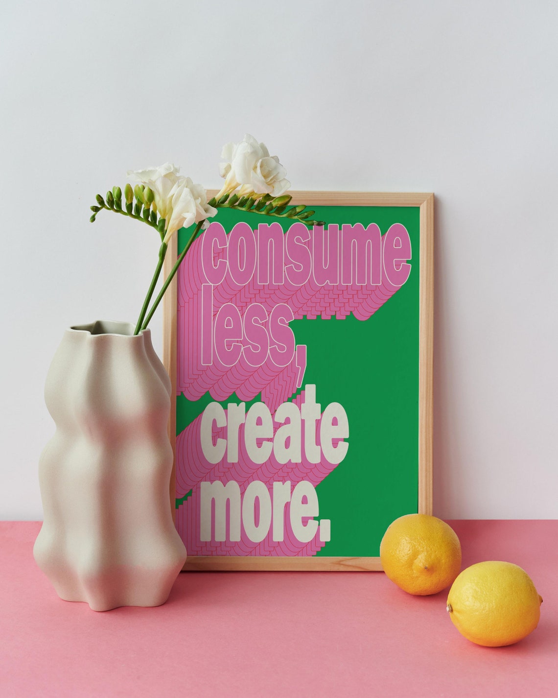 Consume Less Create More Green Groovy Retro Typography Art Poster - Image 2