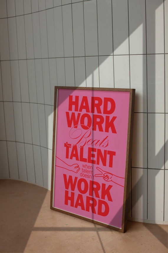 Work Hard Motivational Poster Creative Quote Retro Pink Wall Art Typography Art Trendy Room Decor Large Art
