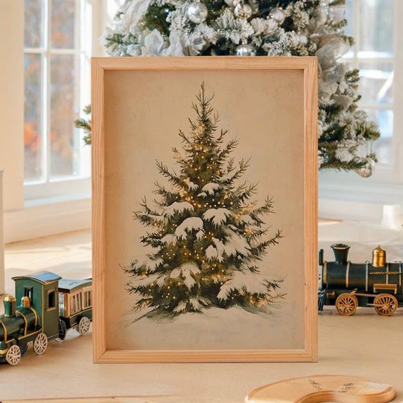Antique Evergreen Christmas Tree Print Vintage Holiday Decor Moody Winter Wall Art Rustic Christmas Cozy Seasonal Decor