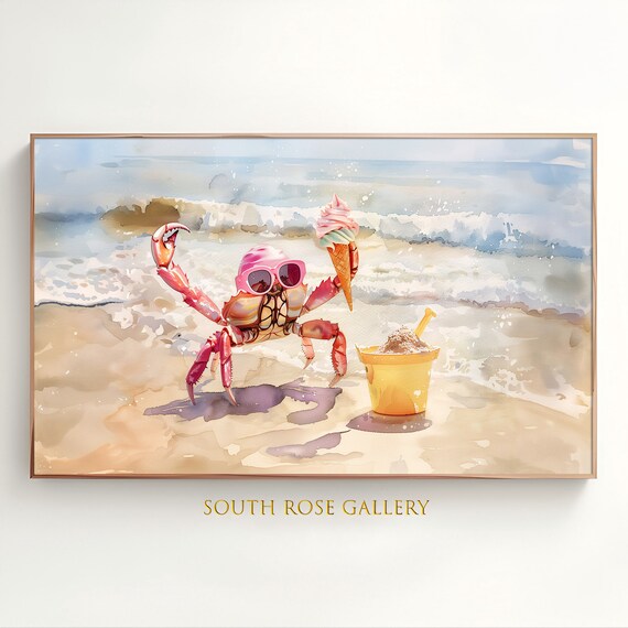 Funny Crab Frame Tv Art Coastal Dcor Art For Tv Frame Tv Art Watercolor Crab Painting Pastel Colors Wall Art